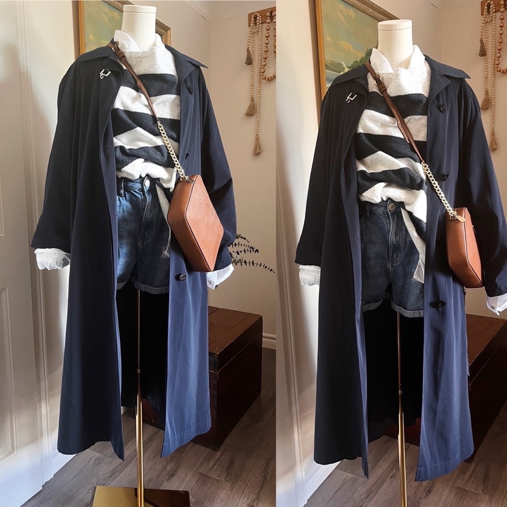 Classic Vintage Navy Blue Trench Coat‎ or Overcoat by Sequence Size Women 13/14